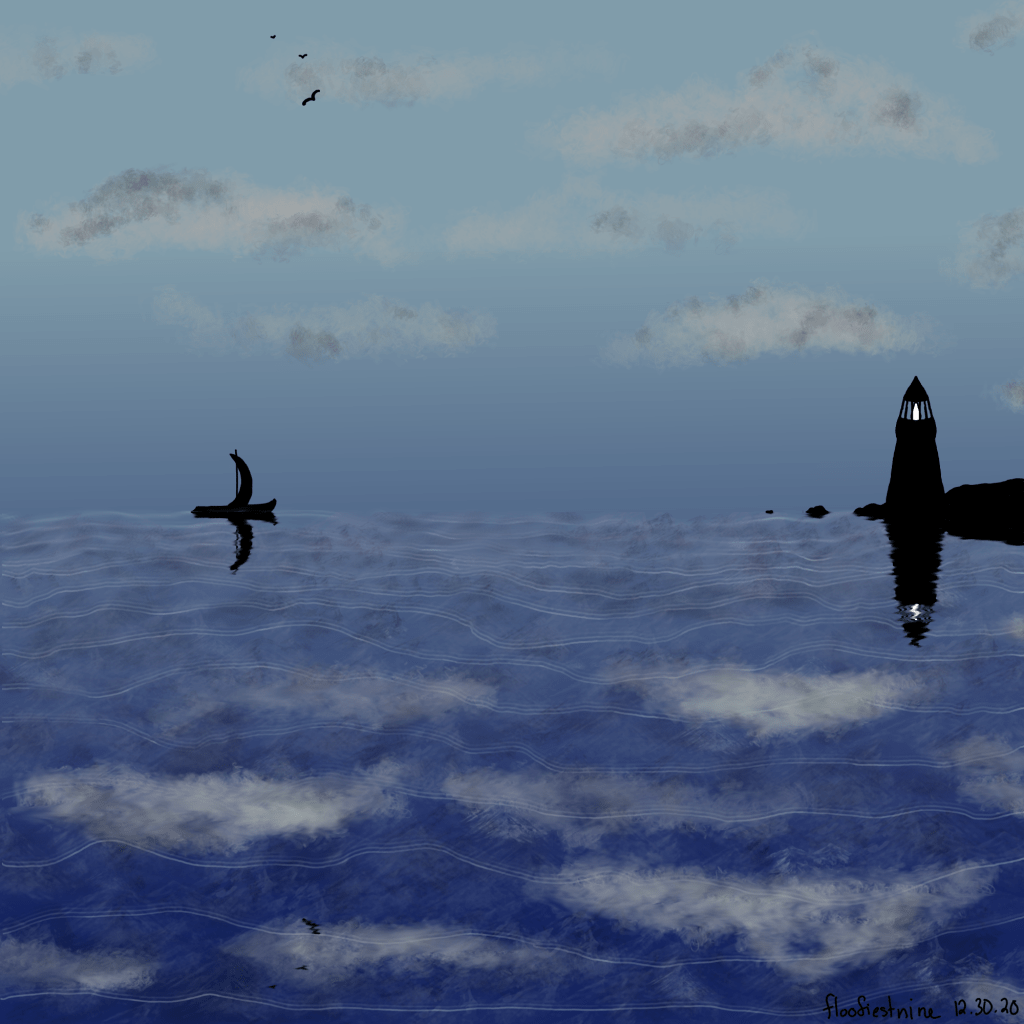 Sailboat on an ocean near a lighthouse