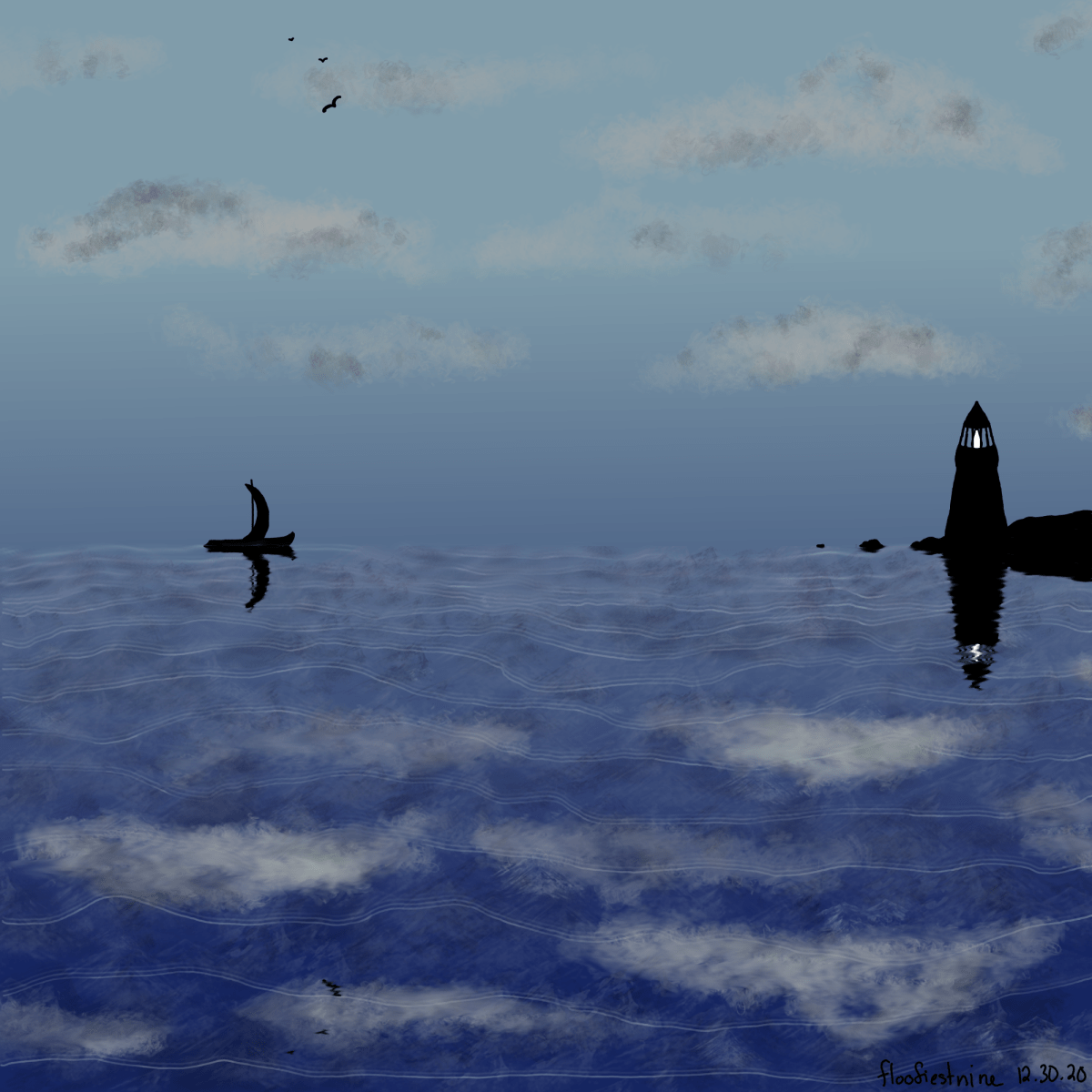 Sailboat on an ocean near a lighthouse