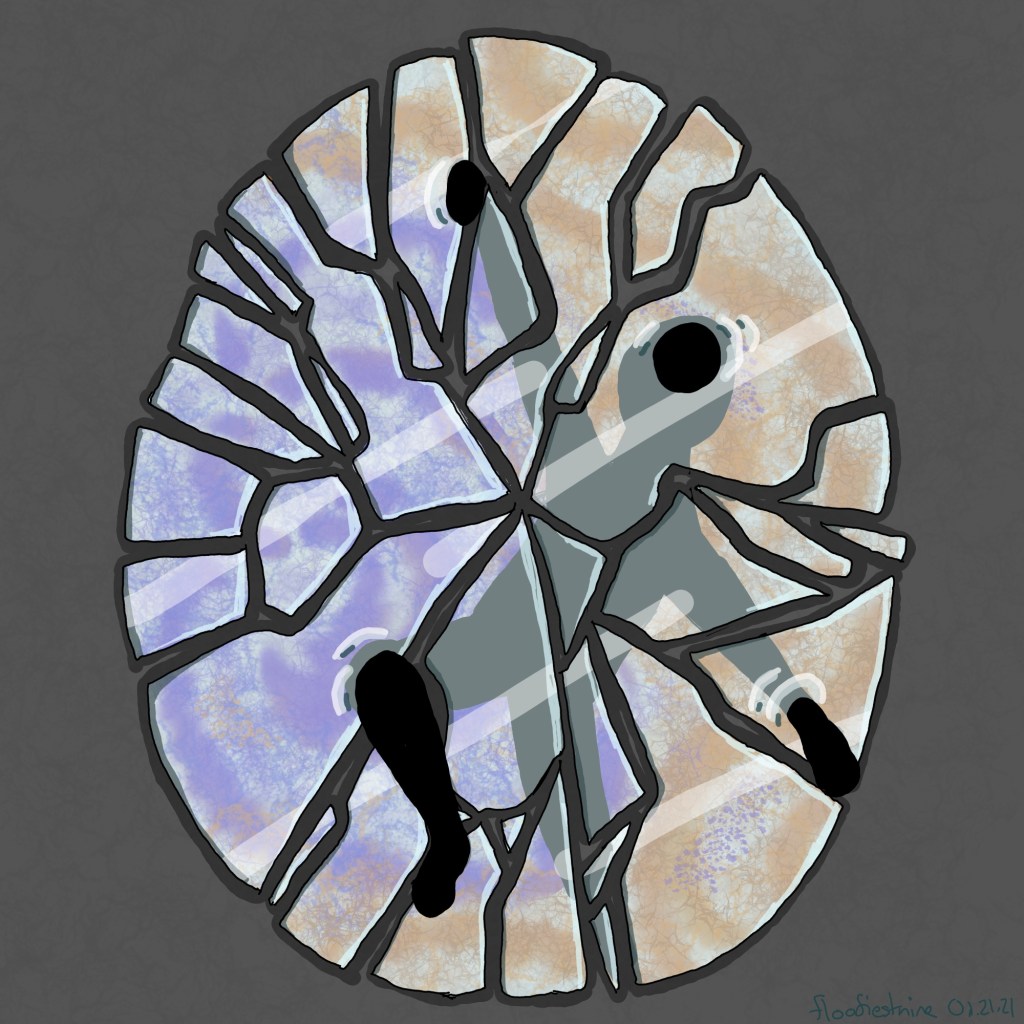 Human silhouette climbing out of shattered mirror