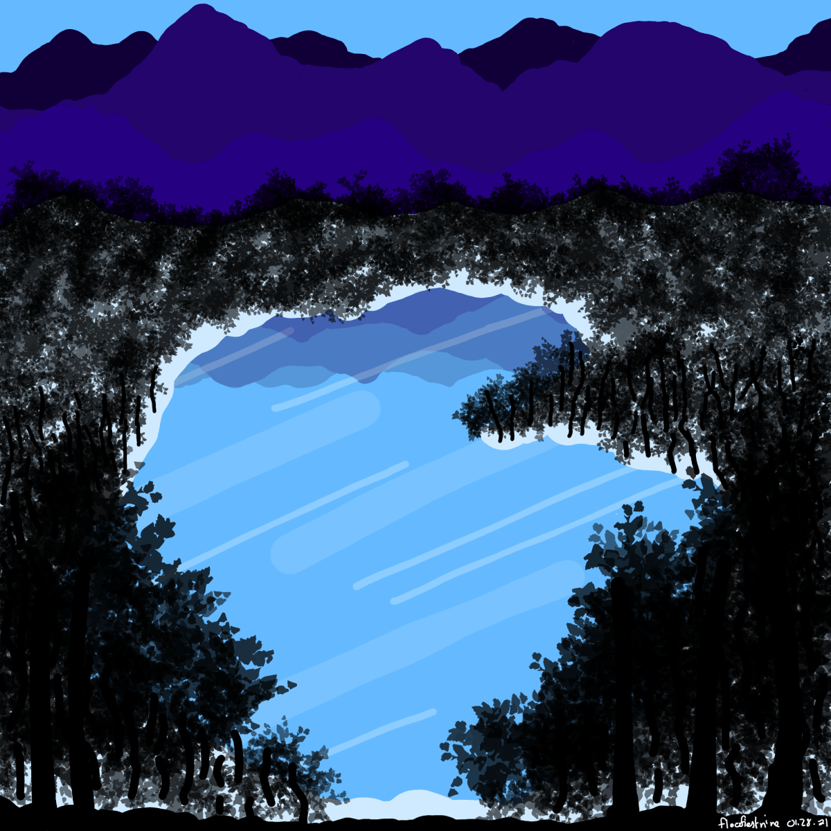 Icy mountain lake surrounded by snowy woods