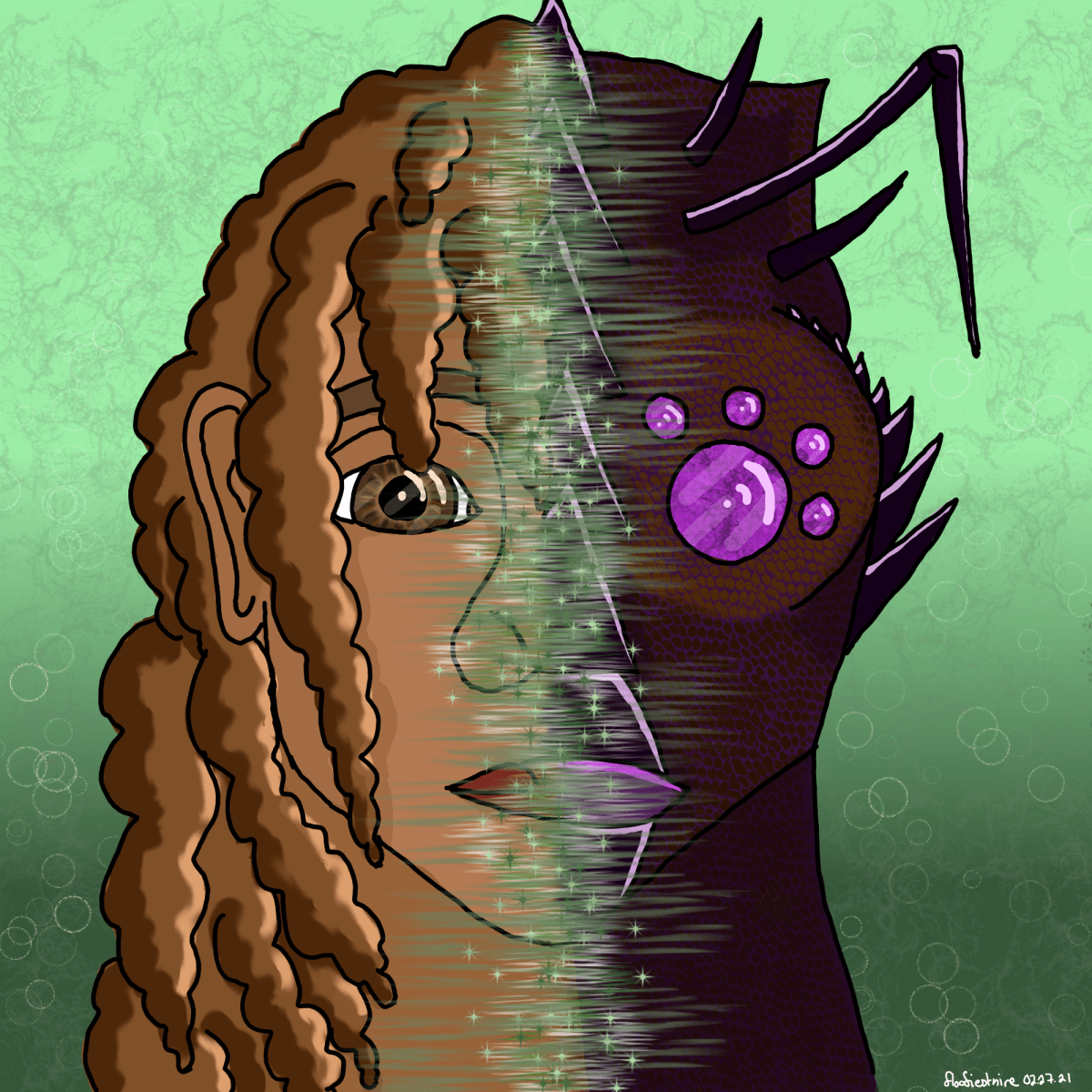 Female human face transforming into a purple bug-like alien face