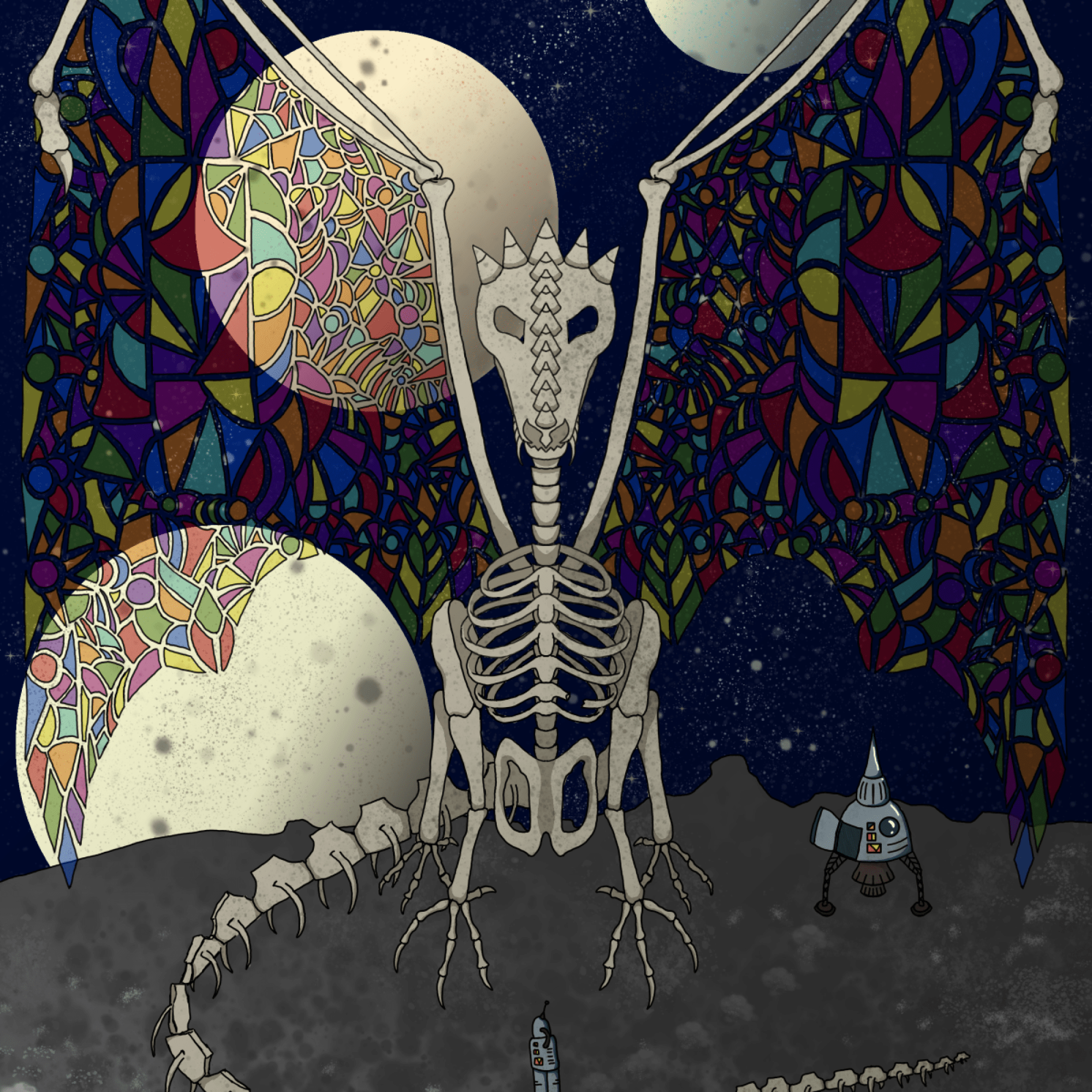 Skeleton dragon with stained glass wings