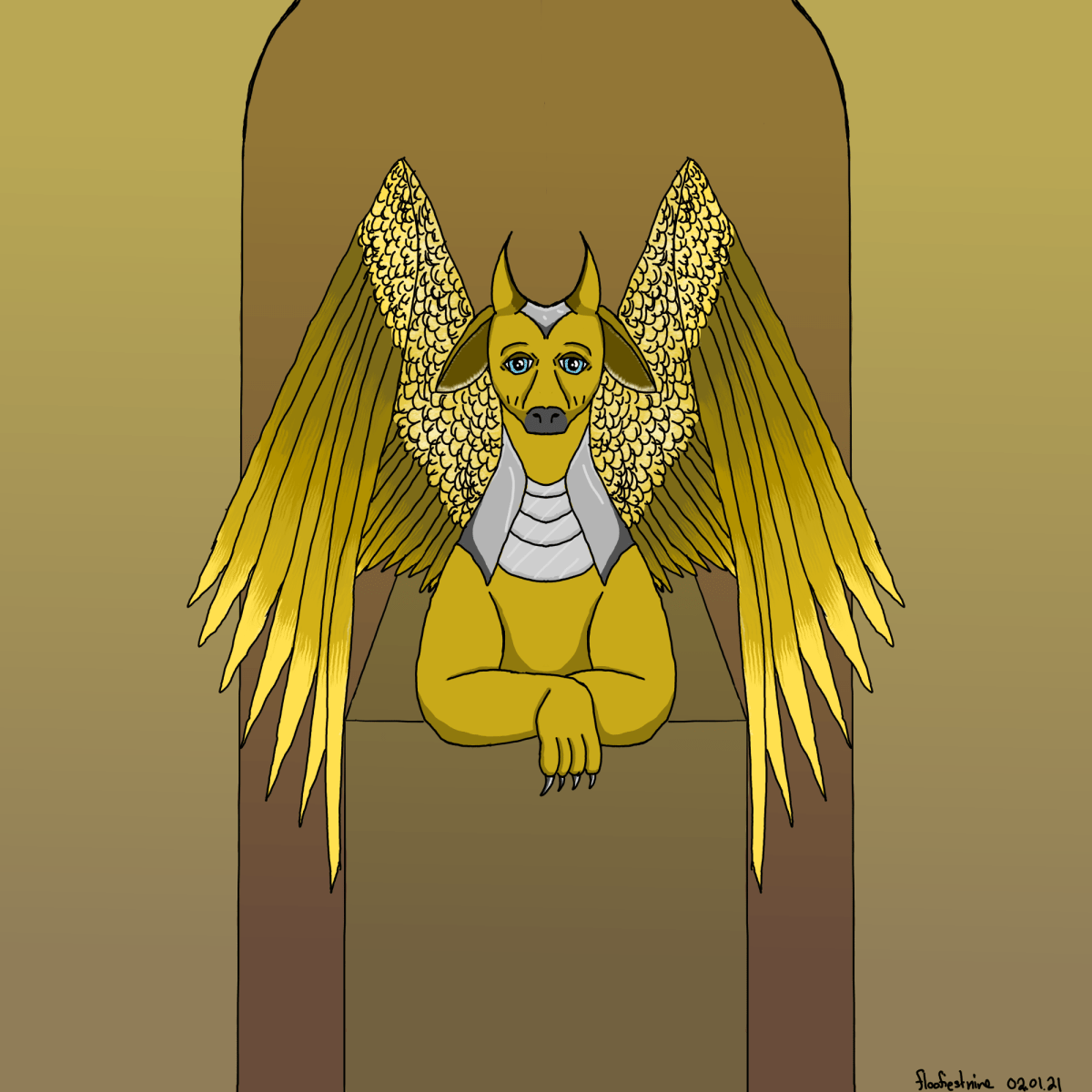 Gold sphinx sitting on a pedestal