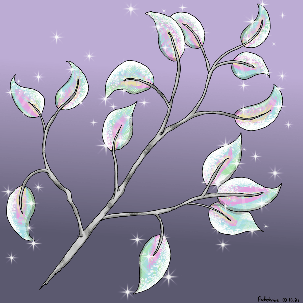 Broken branch off a tree with crystal leaves