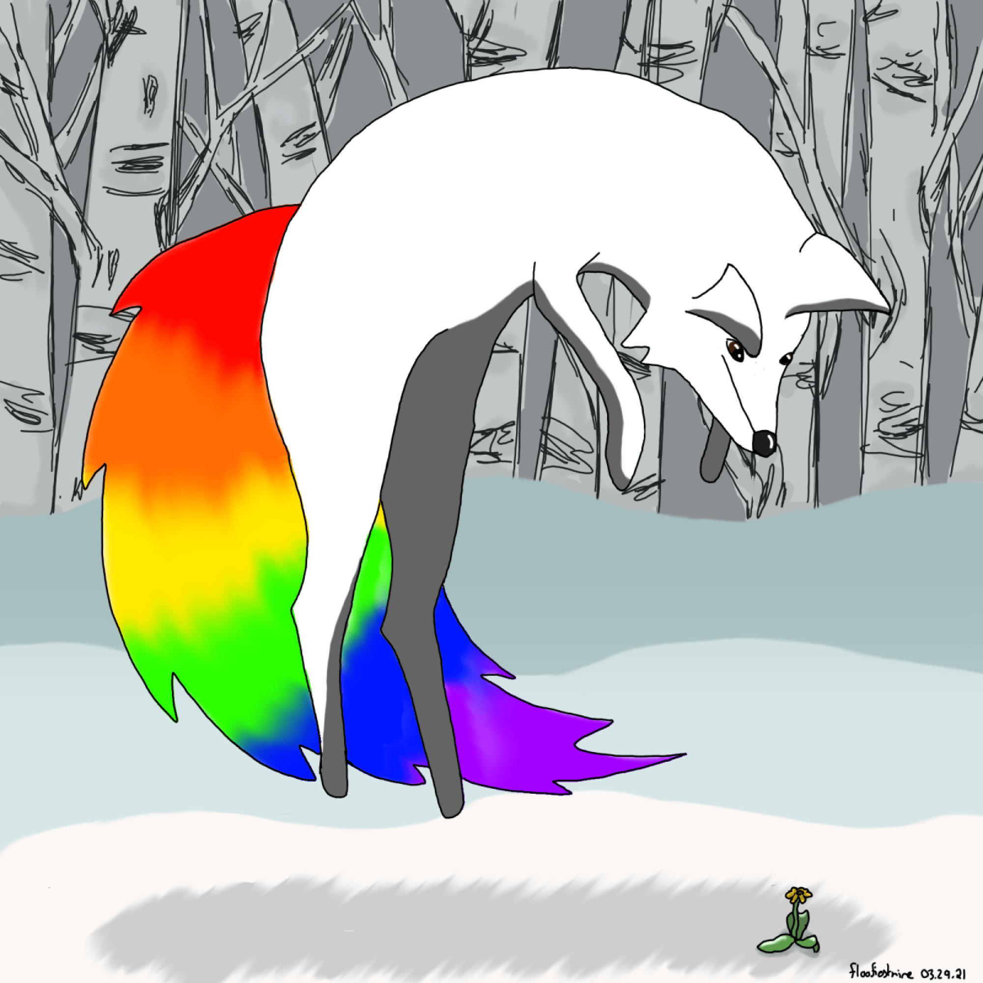 White fox with a rainbow tail pouncing on a flower