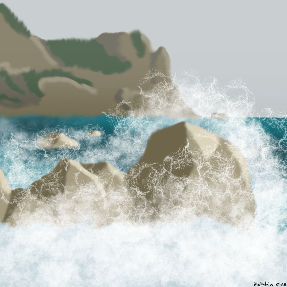 Ocean waves crashing over rocks by the shore