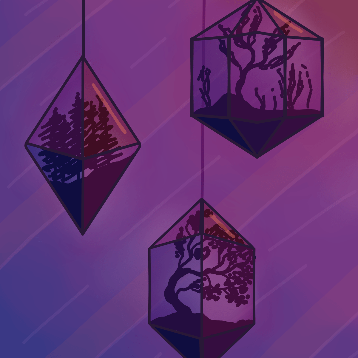 Glass crystals with plants inside them against a purple background